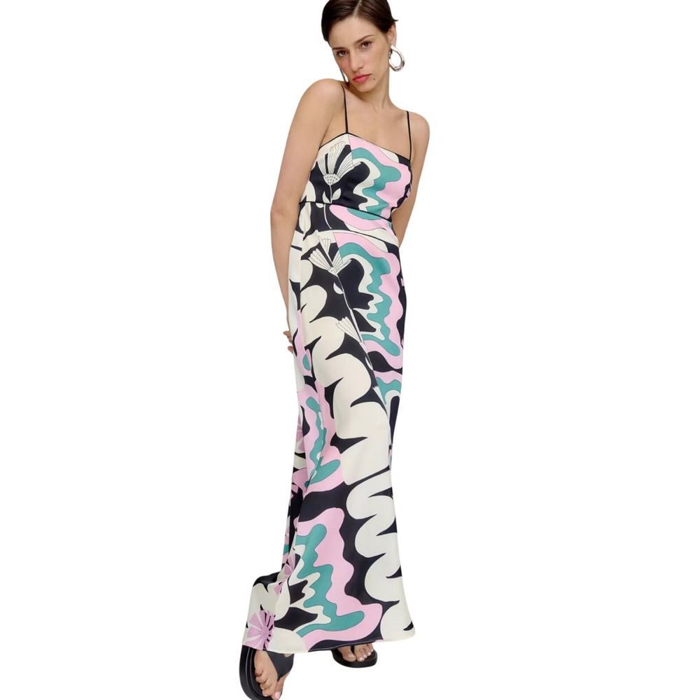 OOPSCOOL Psychedelic Floral Maxi Dress Pink Teal Black XS Adjustable Straps XS